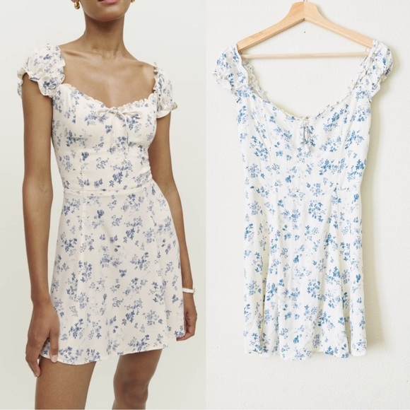 Reformation Dresses & Skirts - NWT Reformation The Pacey Floral Sweetheart Mini Dress in Lula White Blue Print